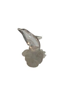 Vintage Frosted Glass Dolphin Figurine on Wave Base Made in Taiwan 4" Coastal Dé